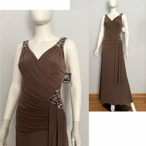 NWT WOMEN PLUS SIZE FORMAL A-LINE LONG WRAP DRESS EMBELLISHED SURPLICE NECK GOWN